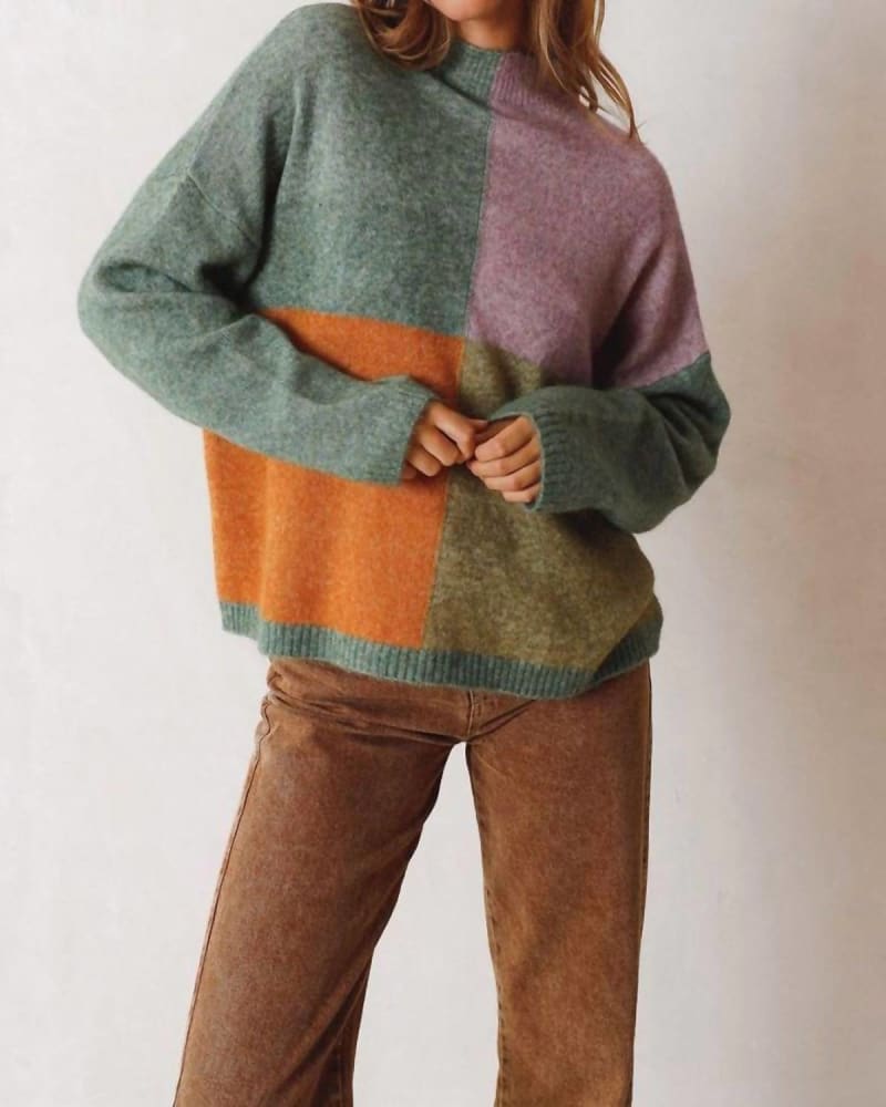 Front of a model wearing a size L Perkins Four Square Sweater in Green in Green by indi & cold. | dia_product_style_image_id:363521